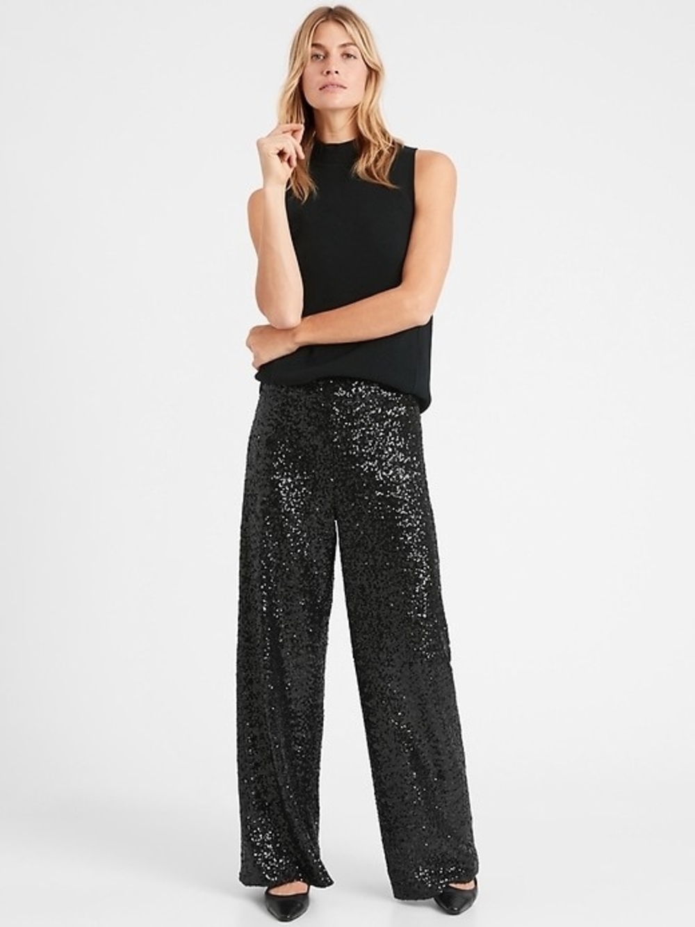 Banana Republic Nwot Black Sequin Wide Leg Pull-On Pants XS | Party Glam